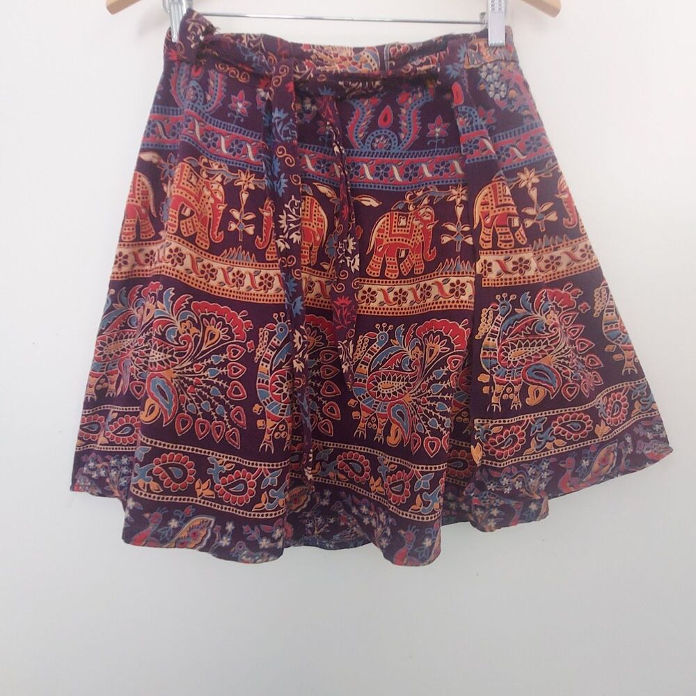 Bohemian Elephant Print Wrap Mini Skirt Festival Boho Ethnic Medium Large